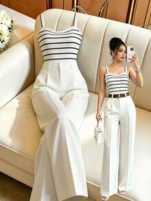 Elenzga Women's Striped Colorblock Cami Top And Long Pants Casual Everyday 2 Pieces Set - Multicolor - View 1