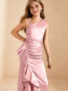 Gaun Formal Pink untuk Anak Perempuan Remaja, Gaun Panjang Berpotongan Pas Badan dengan Belahan dan Hiasan Ruffle, Kain Ringan dan Lembut, Cocok untuk Liburan, Upacara Wisuda, Kembali ke Sekolah, Musim Pernikahan, Berbagai Pesta Dansa dan Acara Formal. - Berwarna merah muda - View 3