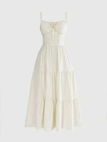 ROMWE Summer Casual Solid Color Spaghetti Strap Dress - Apricot - View 1