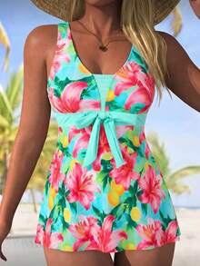 Swim Lushoire Women's Summer Casual Vacation Beach Party Print Round Cup Thick Strap Bikini Two Pieces Beachwear Swimsuit Set - Multicolor - View 2