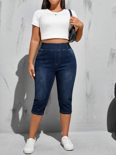 SHEIN CURVE+ CURVE+ Quần Capri denim co giãn cạp cao dành cho nữ cỡ lớn, quần capri thường ngày và phong cách đường phố mùa hè cho nữ