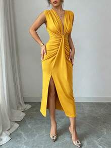 Rafferiza 優雅無袖深V領百褶裙襬開衩春夏季女裝洋裝 - 黃色 - 查看 5