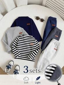 3 Sets Baby Boy Clothes Chic Striped Solid Long Sleeve Soft Squishy 2 Pieces Sets Outfits Tops Sweat Pants Shirts Bottoms Vacation Spring Fall - Multicolor - View 11