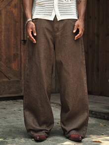 AXEPEAK Men's Fashion Heavyweight Embroidered Streetwear Brown Washed Denim Jeans - Brown - View 3