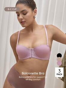 Bralution 3pcs/Set Multi-Color Balcony Bra Front Closure Push Up Bra, Convertible Spaghetti Strap & Spaghetti Strap - Multicolor - View 3
