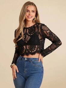 SHEIN Clasi Women's Lace Sexy Versatile Date & Outing Long Sleeve Top - Black - View 1