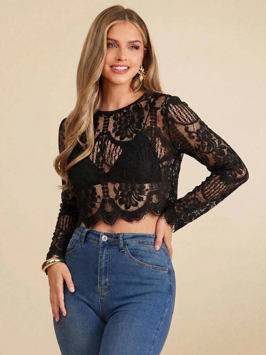 SHEIN Clasi Women's Lace Sexy Versatile Date & Outing Long Sleeve Top - Black - View 1
