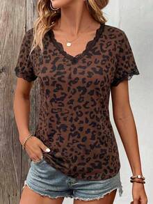 Selamara Women's Spring/Summer New Hot-Selling Leopard Print Pattern Small Ruffle Patchwork Design V-Neck Casual Versatile T-Shirt - Multicolor - View 7