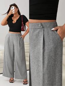 Solflare Red Casual Plus Size Women's Pocket Wide Leg Loose Pants Bussines Vacation Summer - Grey - View 2
