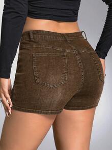 SHEIN ICON Plus Size Women's Pocket Button Casual Versatile Daily Travel Denim Skort - Brown - View 2