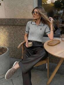 Briarwyn Women's Cartoon Bear Pattern Lapel Short Sleeve Knit Top Back-To-School School Grey Autumn Preppy - Light Grey - View 5