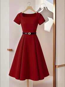 GlowEve CURVE Plus Size Women's Solid Color Square Neck Short Sleeve Elegant Dress Cocktail Formal Red Summer - Burgundy - View 1