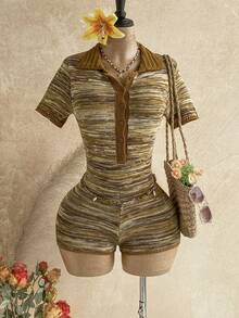 Soleia Women's Vacation Casual Boho Short Sleeve Fitted Knit Romper, Date Beach, West Music Festival Bohemia Brown Striped, Street, No Breast Pads Autumn - Multicolor - View 4