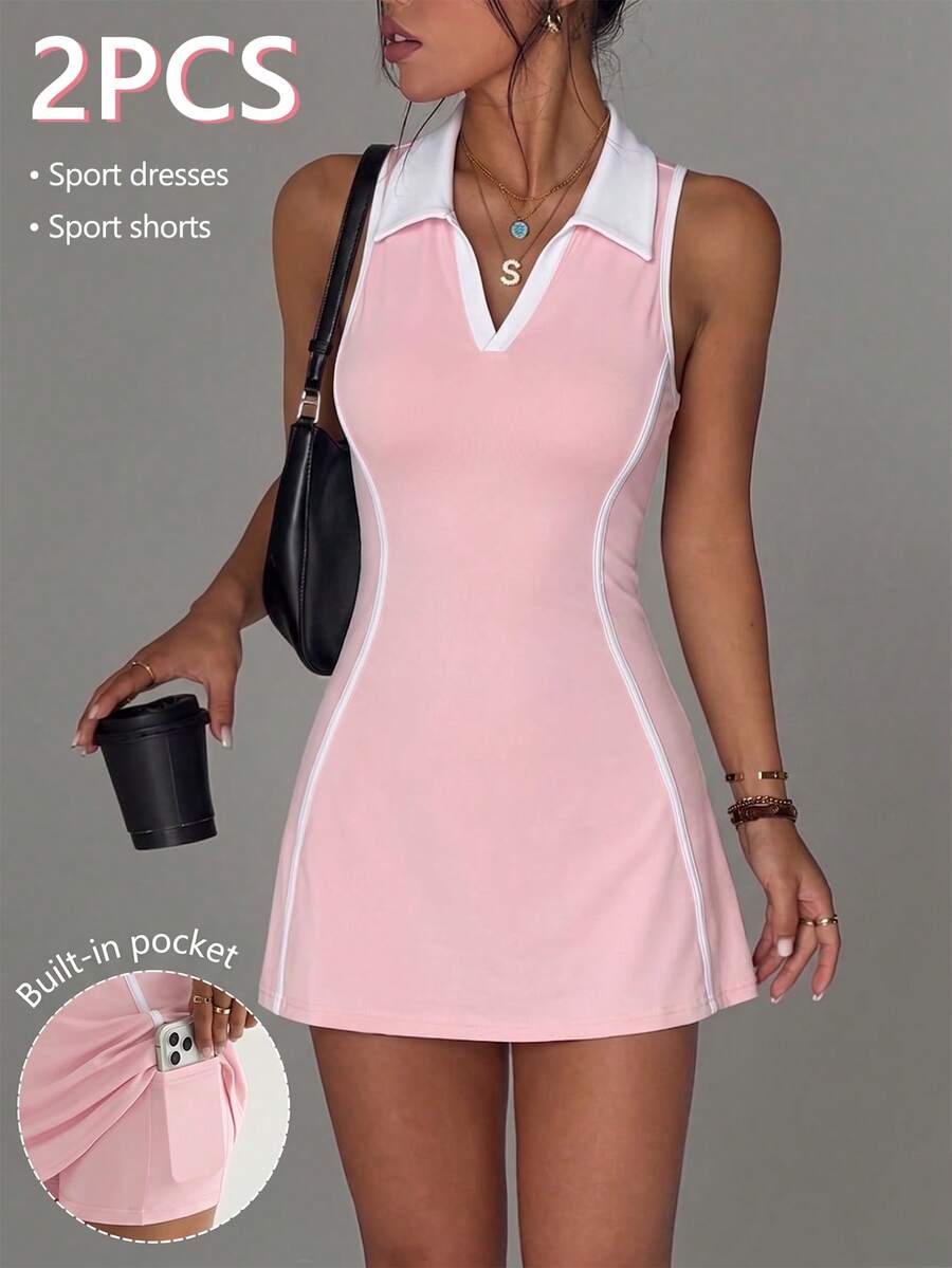 CourtClass 2pcs Spring/Summer Women's Sports Dress, Pink Colorblock Polo Collar Sleeveless Front Colorblock Stripe Split Back Racerback Design, Separate Lining Shorts And Pockets, Suitable For Daily Casual, Running, Yoga, Gym, Tennis, Golf - Pink - View 1