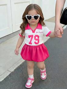SHEIN Baby Girl Two Pieces Sets White Pink Polo Shirt And Pleated Skirt Summer Casual Sporty - Hot Pink - View 3
