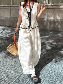 FRIFUL Damen-Set mit figurbetonter Weste mit Bindung und offener Front sowie weiten Hosen, gestreifter Leinenstoff für den ganzen Körper, elastischer Bund, Urlaubsstil, Sommer, Schwarz und Weiß, lässig - Khaki - Übersicht 5