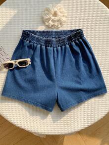 SHEIN EZwear 女款彈性腰寬鬆休閒牛仔短褲 夏季音樂節海灘短褲 外出休閒短褲 度假用 - 中等水洗藍 - 查看 3
