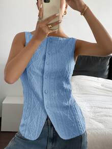 Siren Gaze Women's Geometric Textured Single-Breasted Casual Vest - Blue - View 6
