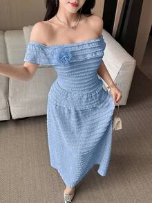 Feyla Women's 3D Flower Decor Off-Shoulder Elegant Romantic Midi Dress Tea Party Baby Blue Summer - Baby Blue - View 7