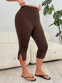 Solflare Chocolate Brown Plus Size Women's Capri Leggings, Spring/Summer Clothes - Chocolate Brown - View 4