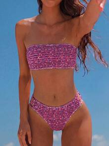 Swim Mod 2026 Spring/Summer Women's Bandeau Ruched Red Bottom Pink Small Floral Random Print Backless Sexy Vacation High Cut Side Bikini Swimsuit Two Pieces Set - Multicolor - View 1