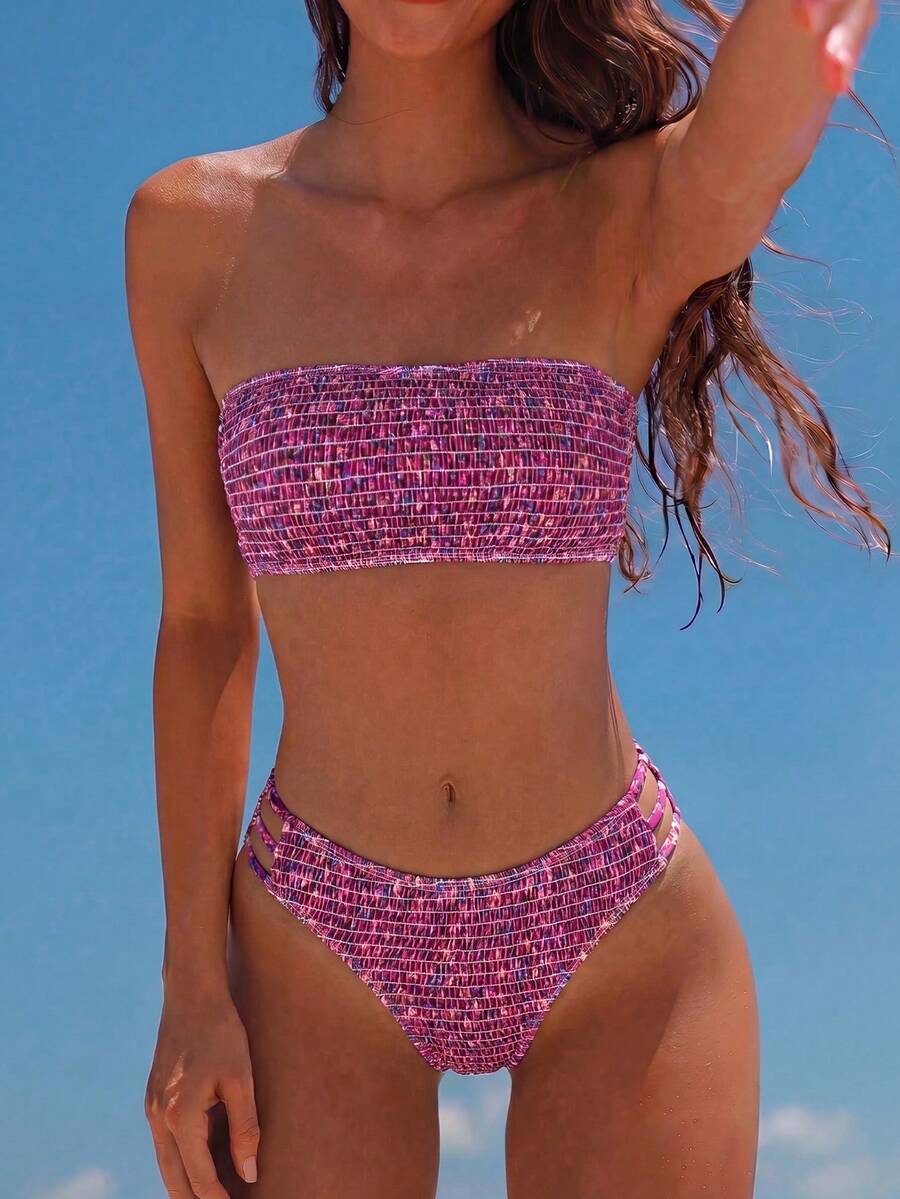Swim Mod 2026 Spring/Summer Women's Bandeau Ruched Red Bottom Pink Small Floral Random Print Backless Sexy Vacation High Cut Side Bikini Swimsuit Two Pieces Set - Multicolor - View 1