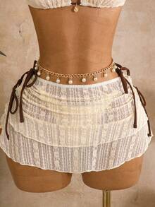 Bellisia Conjunto de 2 piezas de traje de baño para sol y playa de primavera/verano, traje de baño con falda de unicolor texturizado con contraste, espalda descubierta y cuello halter para mujeres - Beis - Ver 5