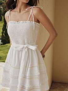 MOTF PREMIUM WOMEN'S ELEGANT HOLLOW LACE MULTI-LAYER RUFFLE SHORT CAMI DRESS - White - View 3