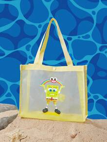 SpongeBob SquarePants | SHEIN 黃色網格托特包，印有圖案，大容量，易於攜帶，適合度假、旅行、購物 - 黃色 - 查看 1