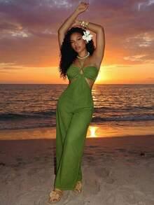 BamGleam Women's Solid Color Cutout Design Halter Neck Sexy Jumpsuit For Vacation - Army Green - View 1