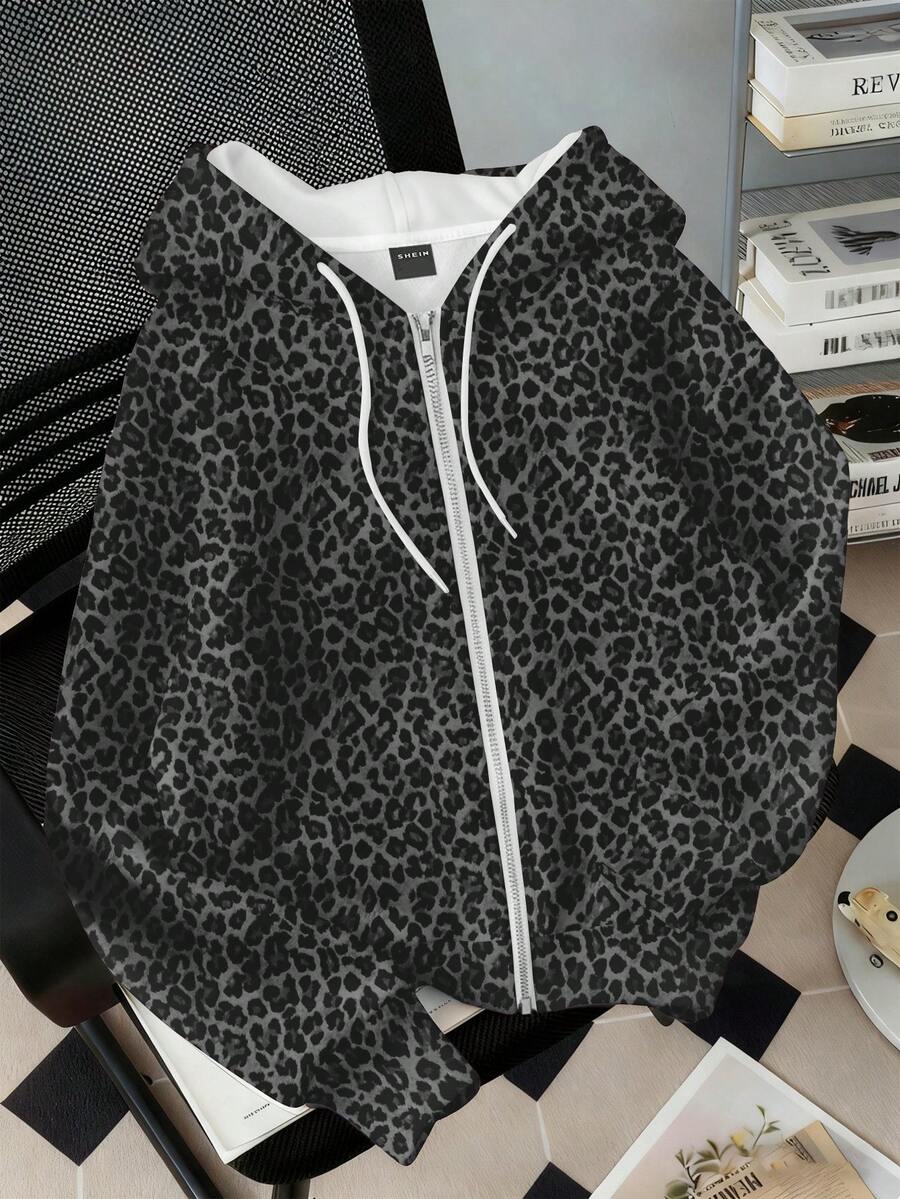 Attitoon Casual Loose Hooded Open Front Sweatshirt Autumn/Winter Leopard Print Pattern - Multicolor - View 1