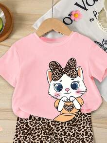 Summer Baby Girl Casual Multi-Piece Set, Brown & Apricot Leopard Print Cartoon Rabbit Pattern, Round Neck Short Sleeve T-Shirt & Shorts - Multicolor - View 4