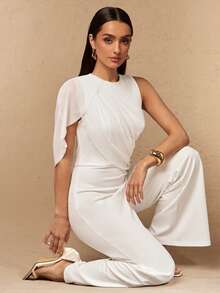 Silquee Spring/Summer Women's Mesh Patchwork Round Neck Sleeveless White Jumpsuit With Mesh Fabric Drape Office Bachelorette Party Wedding Outfits Elegant - Apricot - View 3