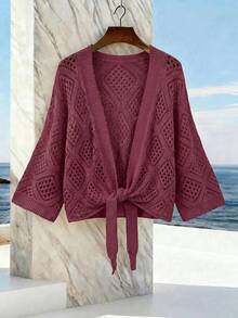 SHEIN Holidaya Women's Summer Solid Color 3/4 Sleeve Hollow Waist Knot Knit Cardigan - Red Violet - View 3