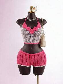 SaltGleam SaltGleam Ensemble 2 pièces sexy sexy tricot ajouré avec top camisole floral 3D et pantalon - Rose bonbon - Voir 1