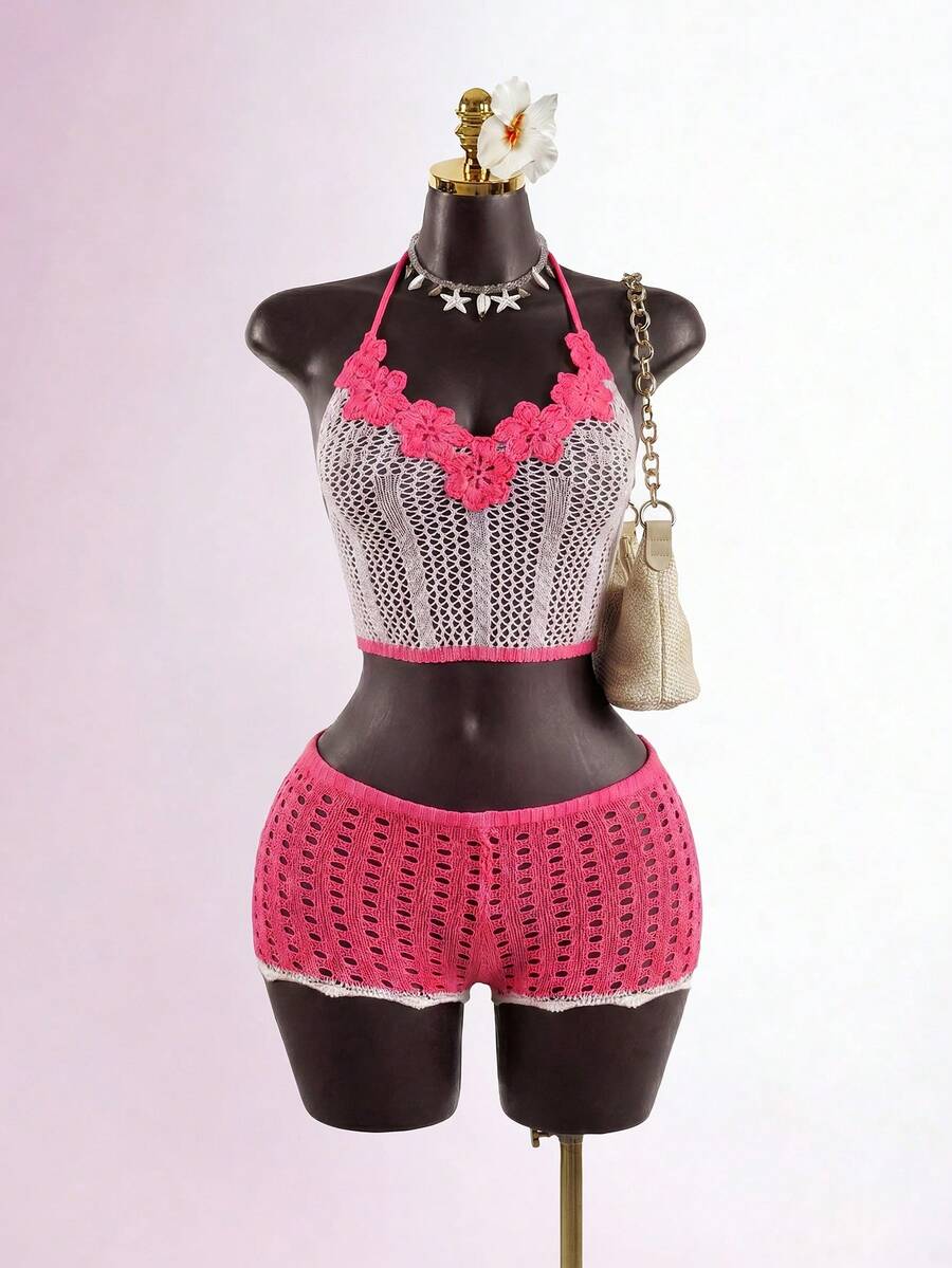 SaltGleam SaltGleam Ensemble 2 pièces sexy sexy tricot ajouré avec top camisole floral 3D et pantalon - Rose bonbon - Voir 1