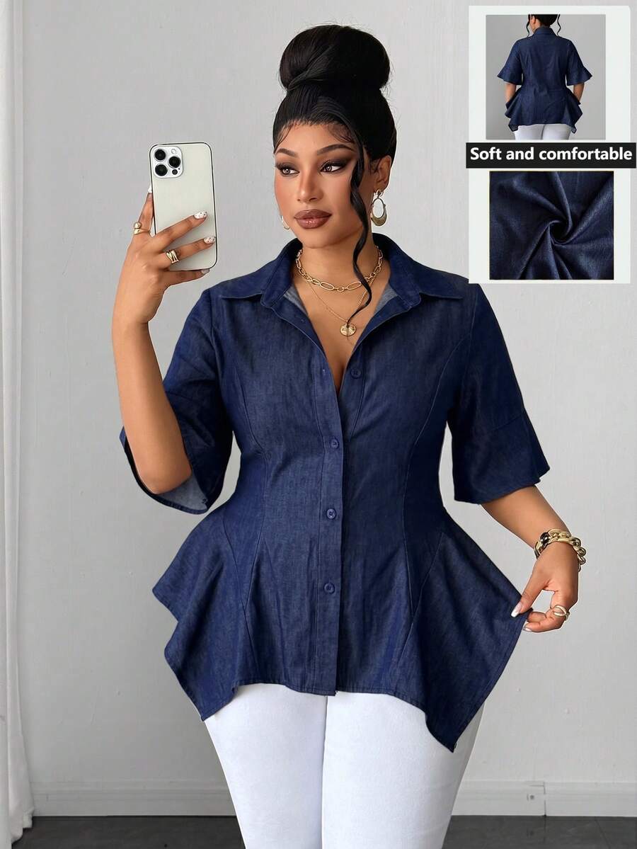 Maweii Spring/Summer Lapel Ruffle Waist Cinched Asymmetrical Hem Minimalist Casual Vacation Elegant Fashion Niche Design Daily Wear Date Wear Premium Feel New Essential Elegant Exquisite French Style Plus Size Women's Blouse - Navy Blue - View 1