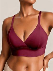 SHEIN 1pc Plus Size Women's Solid Color Casual Comfortable Bustier - Burgundy - View 3