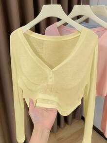 Resyla Soft Skin Cooling V-Neck Half-Button Front Cropped Cover-Up Everyday Daytime Pale Yellow Autumn Casual - Yellow - View 3