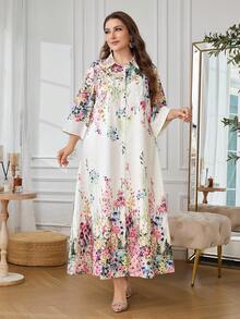 Al Najma Summer Positioning Floral Cuff Contrast Color Loose Fit Plus Size Women's Arabian Dress - Multicolor - View 7