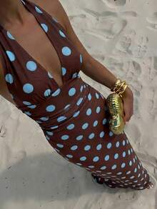 Vestido de mujer para vacaciones con escote en V profundo, cuello halter plisado, extra largo y con estampado de lunares - Marrón - Ver 9