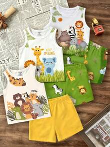 6pcs/Set Baby Boy Outfit, Cute & Lively Forest Animal Print Vest Top Paired With Matching Animal Print Shorts, Fashionable Summer Outfit - Multicolor - View 1