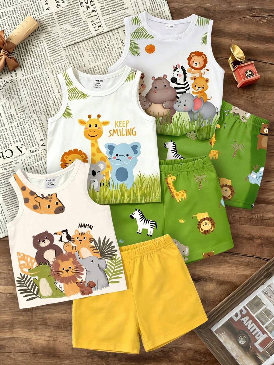 6pcs/Set Baby Boy Outfit, Cute & Lively Forest Animal Print Vest Top Paired With Matching Animal Print Shorts, Fashionable Summer Outfit - Multicolor - View 1
