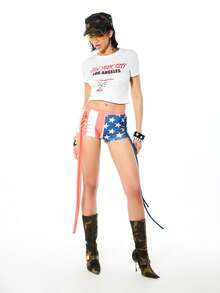 SUMWON WOMEN American Flag Stars And Stripes Low Waist Booty Shorts With Lace-Up Side Detail - Multicolor - View 4