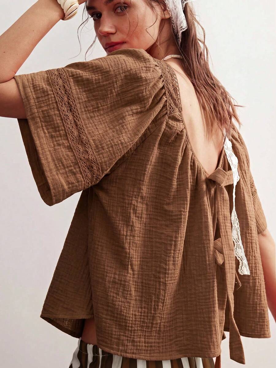 Bohemela Casual Solid Color Woven Loose Fit Women's Shirt - Brown - View 1