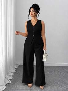 SHEIN Tall CURVE Conjunto Plus Size Feminino 2 Peças Elegante Cor Sólida Decote em V Colete Blazer Sem Mangas e Calça Longa Reta, Adequado para Uso Profissional e Deslocamento - Preto - Visão 5