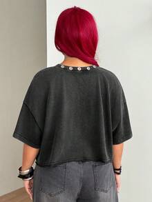 Coolane 女款大尺碼夏季秋季街頭風 1960s 70s 90s 性感 Y2K 休閒外穿約會之夜派對穿搭 鉚扣孔眼棉質寬鬆 T 恤 黑色 - 深灰色 - 查看 8