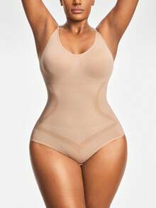 SHAPORA Plus Size Seamless Brief Spaghetti Strap Bodysuit Body Shaper Bust&Butt Lifter With Adjustable Strapes-Tummy Waist Control - Apricot - View 4