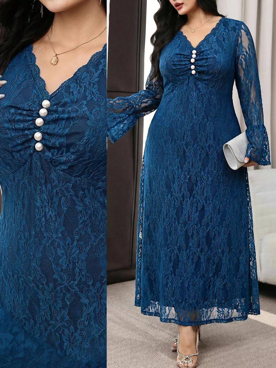 Modelyn 大尺碼女款優雅仿珍珠裝飾蕾絲拼接洋裝