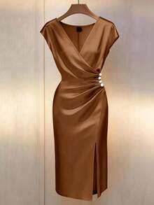 Franclia Plus Size Women's Dress, New V-Neck Short Sleeve Pleated Waist Belt Button Decor Side Slit Slim Fit Bodycon Satin Evening Gown, White Sequin Summer - Brown - View 7